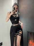 Gothic Bandaged Corset Bustier Top Cutout High Split Mesh Sets