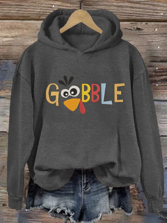 Women's Thanksgiving "Gobble" Printed Casual Hooded Sweatshirt