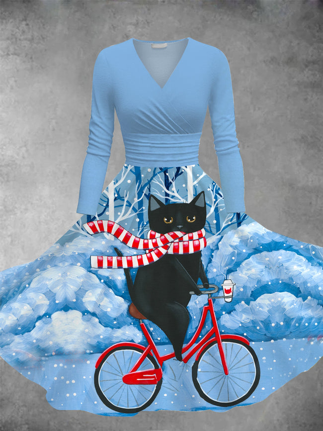 Christmas Cat Print Long Sleeve Maxi Dress