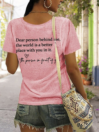 Women's Faith Dear Person Behind Me Cross Print V Neck T-Shirt