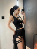 Gothic Bandaged Corset Bustier Top Cutout High Split Mesh Sets