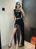 Gothic Bandaged Corset Bustier Top Cutout High Split Mesh Sets