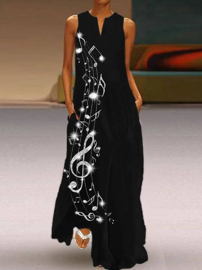 Glitter Music Notes Notch Neck Flowy Maxi Dress