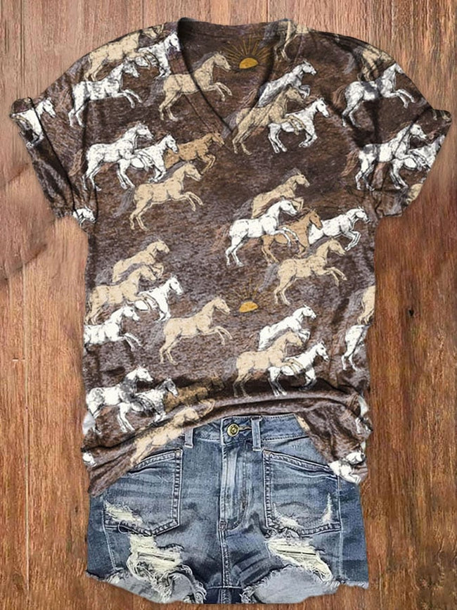 Fashion Horse Print Short Sleeve T-Shirt
