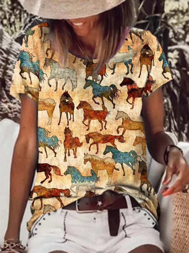 Women's Vintage Western Horse Print T-Shirt