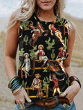 Women's Western Vintage Pattern Printed Round Neck Sleeveless T-Shirt