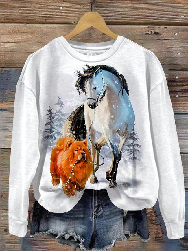 Christmas Cartoon Horse Print Sweatshirt