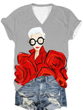 Women's Iris Apfel Print V-Neck T-Shirt