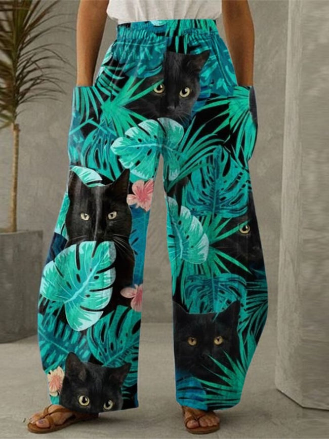 Women's Round Neck Retro Tropical Plants And Black Cat Print Pants