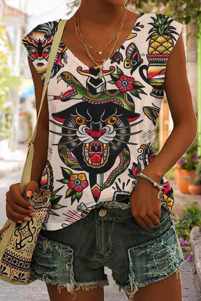 Women's Vintage Tiger Tattoo Printed Sleeveless Tank Top