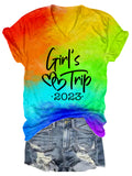 Girl's Trip 2023 Tie-dye Print V-neck T-shirt
