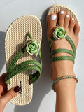 Vacation Floral Pattern Braided Strap Beach Flip Flops