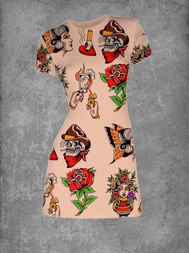 Vintage Girl Skull Print Graphic Crew Neck T-Shirt Dress