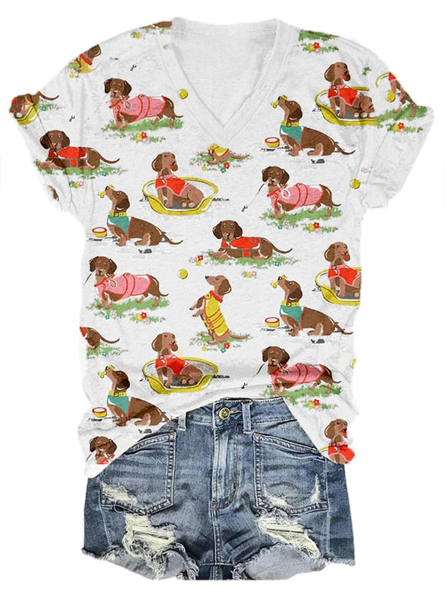 😂Easily Distracted By Dachshund 😂Dog Pet Print Casual V-Neck T-Shirt