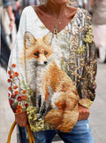 Women's Christmas Gift Fox Animal Flower Print Casual V-neck Sweatshirt