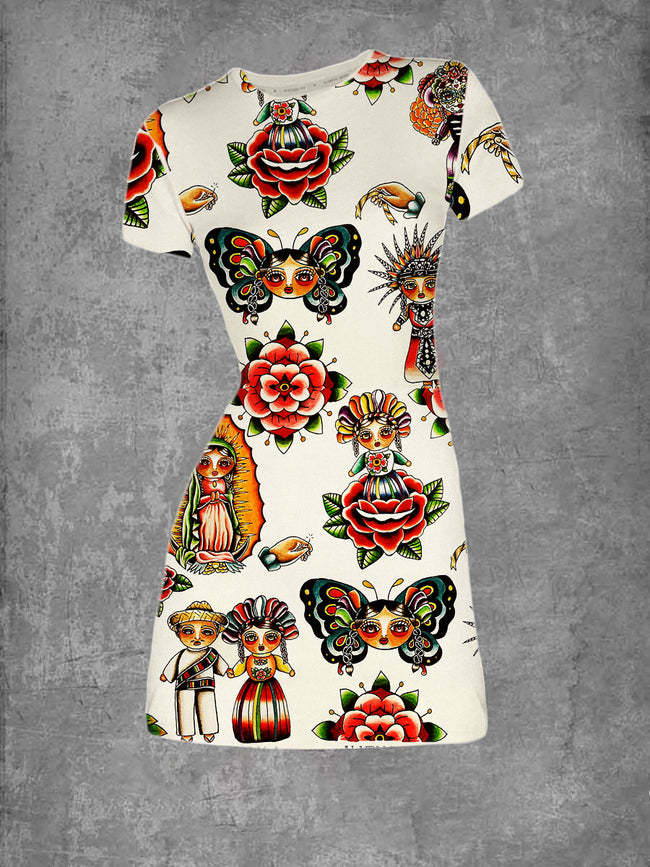 Vintage Butterfly Girl Tattoo Graphic Crew Neck T-Shirt Dress