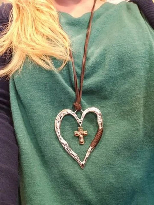 Women's Vintage Cross Love Heart Pendant Necklace