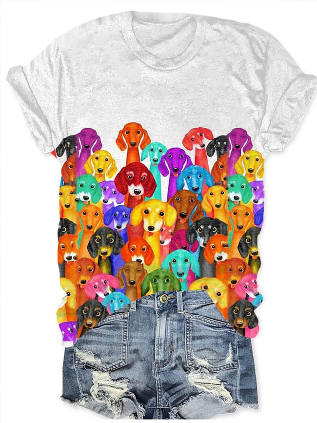 Colorful Puppy Dog Round Neck Short-Sleeve Print T-Shirt
