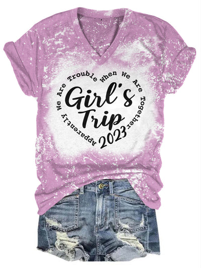 Girls Travel 2023 Tie-dye Print V Neck T-Shirt