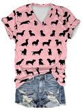Women's Pet Dachshund Dog Print V Neck T-Shirt