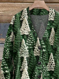 Christmas Tree Green White Print Buttoned V-neck Cardigan Sweater