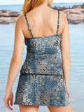 V-Neck Vintage Ethnic Paisley Print Vest Pleated Tankini Set Swimsuit