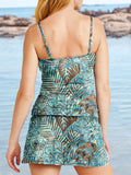 Women’s V-neck Shine Leaves Print Suspender Skirt Tankini Set Swimsuit