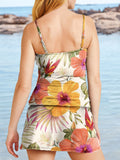 Women’s V-neck Tropical Flowers Print Suspender Skirt Tankini Set Swimsuit