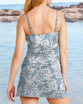 V-Neck Flowers Print Halterneck Pleated Tankini Set Swimsuit