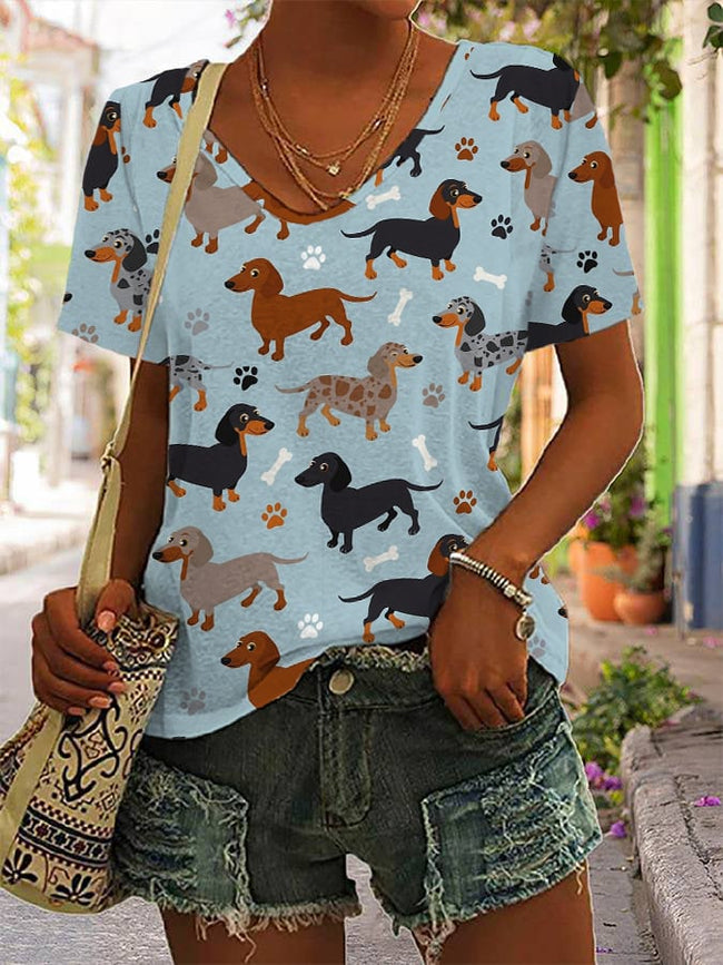 Women's Dogs and Paws Printed Ribbed V-Neck T-Shirt