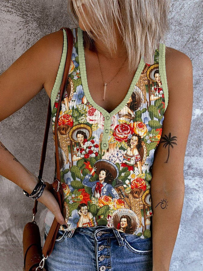 Women's  Western Cowgirl Vintage Button-Up Collar Printed Tank To