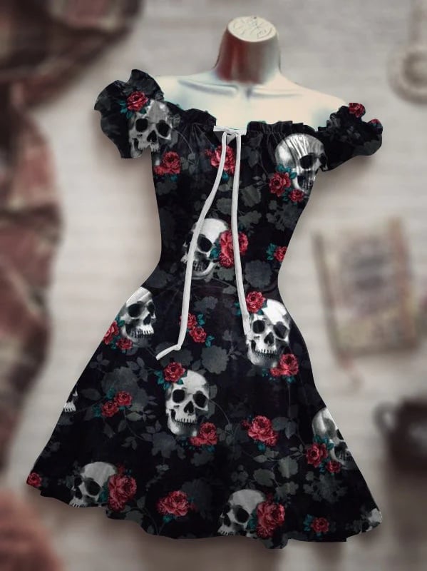 Women's Vintage Rose Skull Punk Drawstring Casual Dress