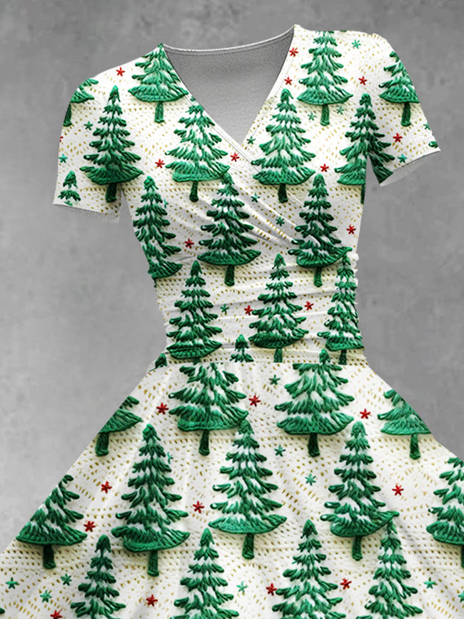 Women's Christmas Gift Imitation Embroidery Christmas Tree Design Print Maxi Dress