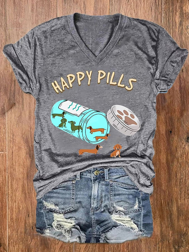 Women's Funny Happy Pills Dachshund Dog Lover V-Neck Tee