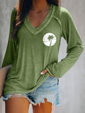 Coconut Tree Print V-Neck Long Sleeve T-Shirt