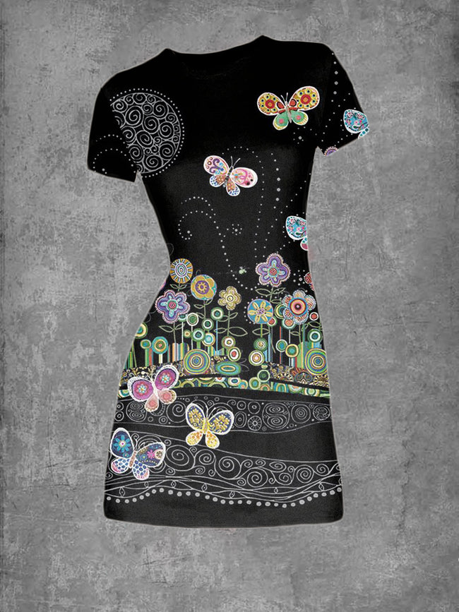 Vintage Elegant Round Neck Butterfly Print T-Shirt Dress