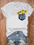 Women's Funny Van Gogh Sunflower Pocket Print T-Shirt