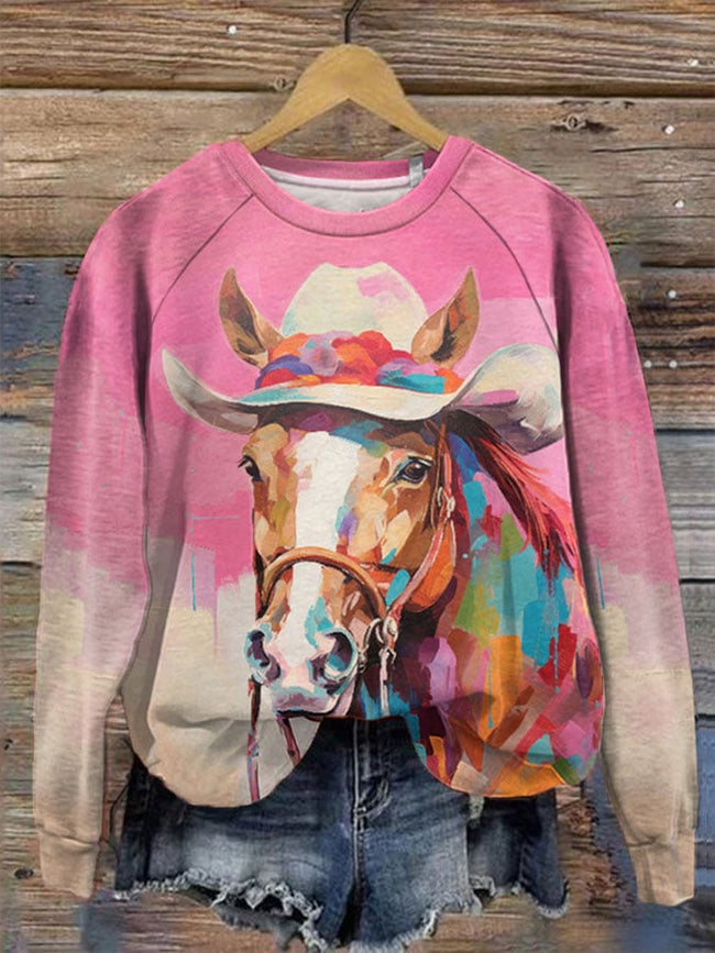 🔥Buy 3 Get 10% Off🔥Women's Western Oil Painting Horse Print Sweatshirt