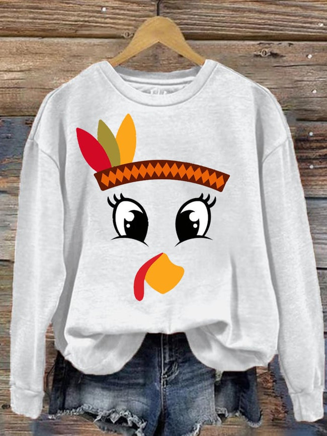 Women's Thanksgiving Funny Turkey Emoji Print Sweatshirt