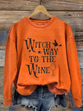 Women's Halloween Witch Way To The Wine Print Sweatshirt