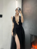 Gothic Dark Embroidered Spaghetti See Through Mesh Maxi Wedding Dress