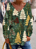 Women's Christmas Gift Christmas Tree Print Casual V-neck Sweatshirt
