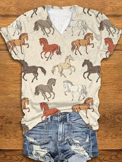Women's Western Vintage Horse Print V Neck T-Shirt