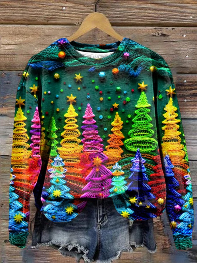 Women's Christmas Colorful Christmas Tree Printed Casual Sweatshirt