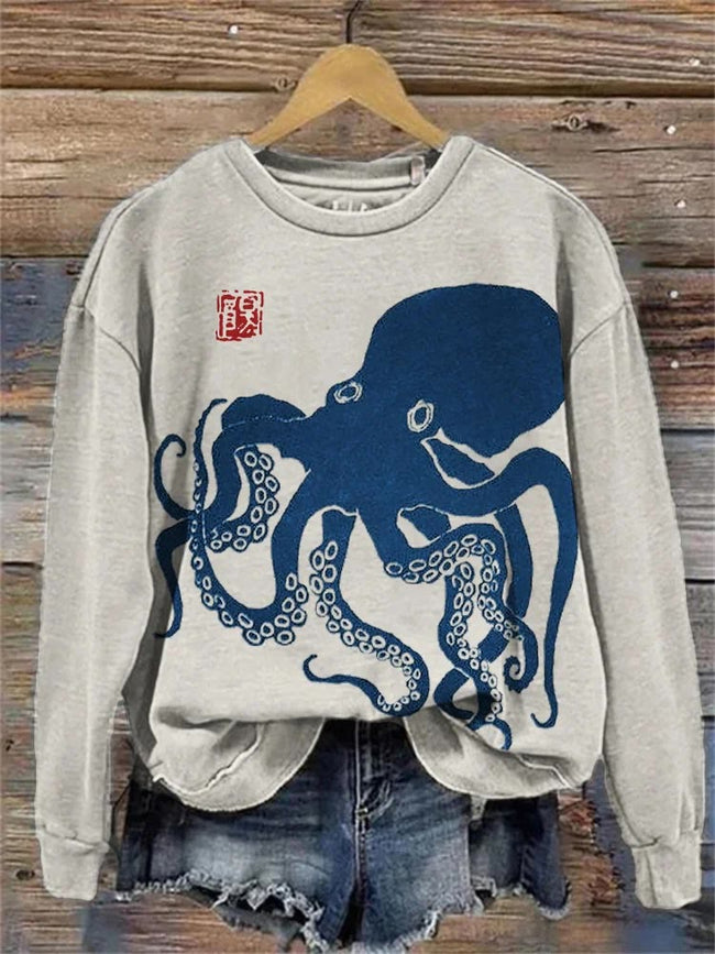 Octopus Japanese Lino Art Vintage Print Sweatshirt