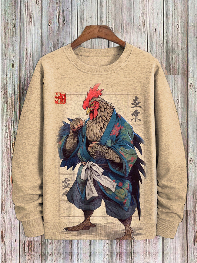 Japanese Traditional Ink Rooster Samurai Art Print Sweatshirt