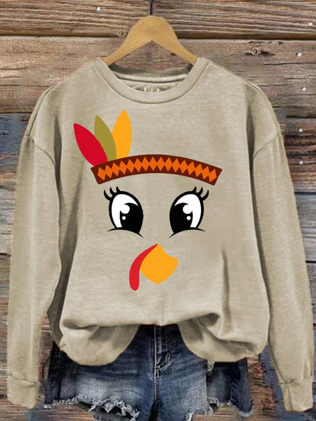Women's Thanksgiving Funny Turkey Emoji Print Sweatshirt