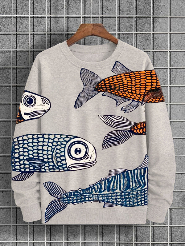 Japanese Art Pattern Fish Print Casual Crew Neck Sweatshirt