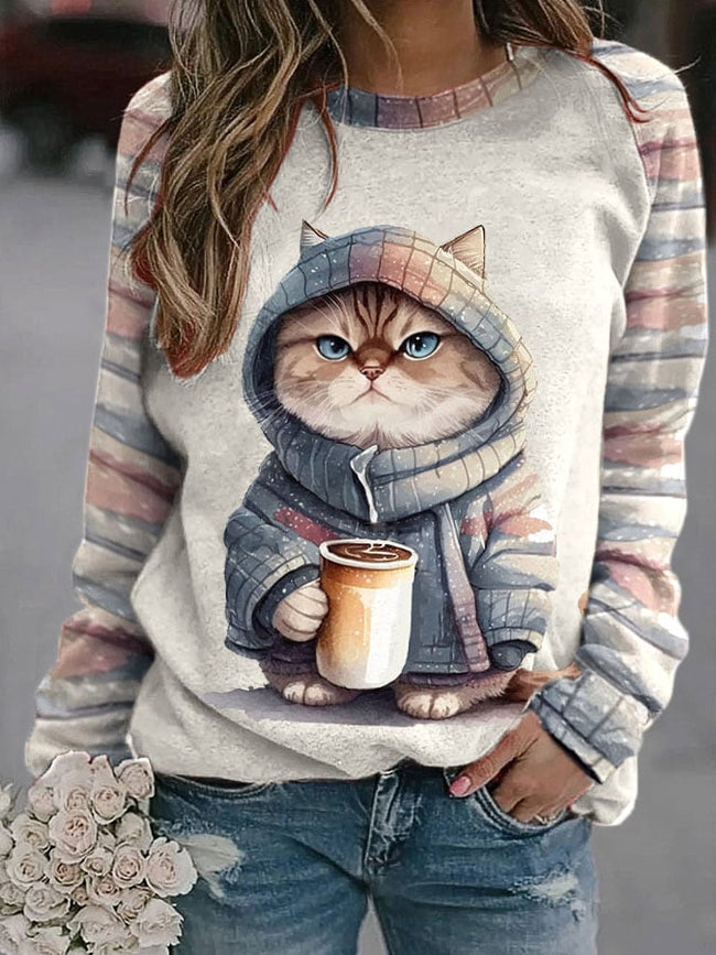 Women's Winter Funny Cute Wonderland Clothing Cat Print Sweatshirt