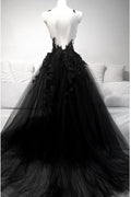 Gothic Dark Embroidered Spaghetti See Through Mesh Maxi Wedding Dress